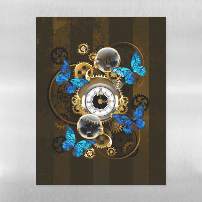 Steampunk Gears and Blue Butterflies Magnetic Dry Erase Sheet (Vertical)