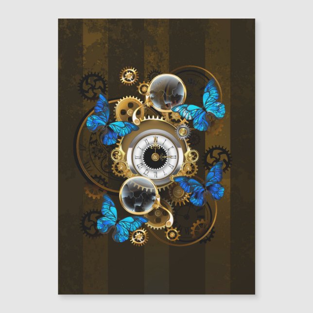 Steampunk Gears and Blue Butterflies Magnetic Invitation (Front)