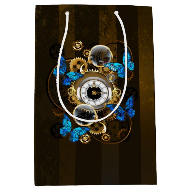 Steampunk Gears and Blue Butterflies Medium Gift Bag (Front)