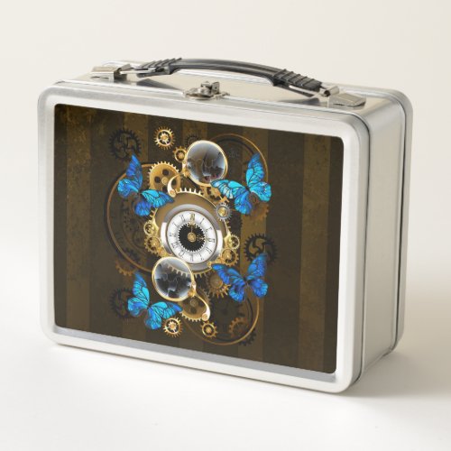 Steampunk Gears and Blue Butterflies Metal Lunch Box