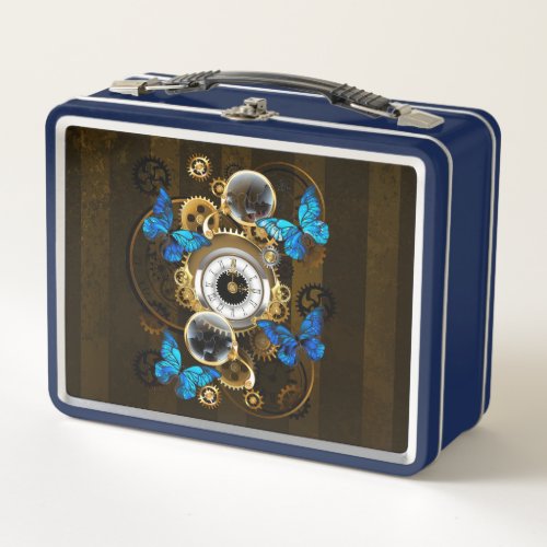 Steampunk Gears and Blue Butterflies Metal Lunch Box