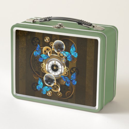 Steampunk Gears and Blue Butterflies Metal Lunch Box