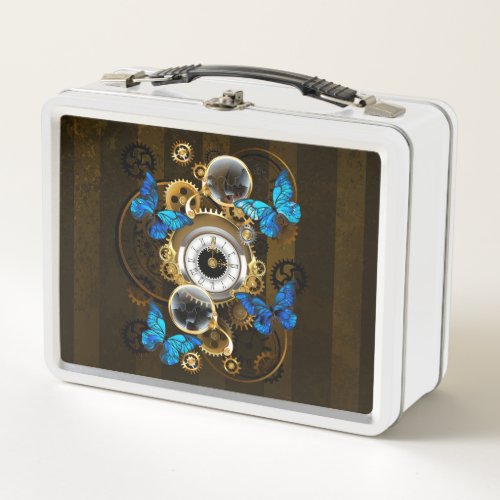 Steampunk Gears and Blue Butterflies Metal Lunch Box