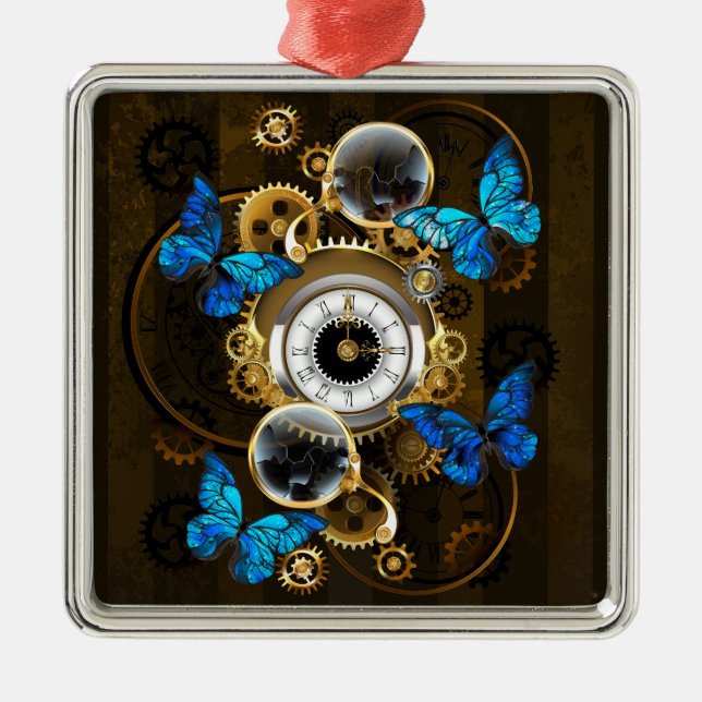 Steampunk Gears and Blue Butterflies Metal Ornament (Front)