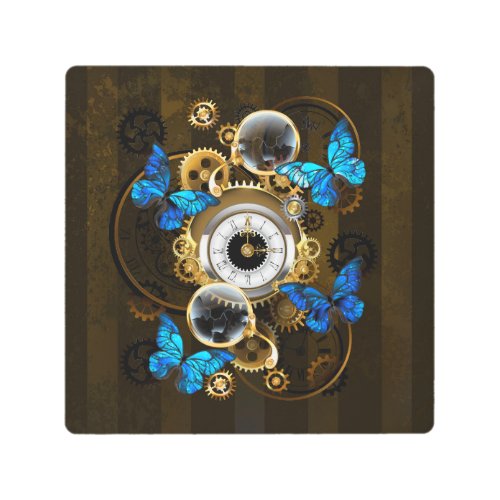 Steampunk Gears and Blue Butterflies Metal Print