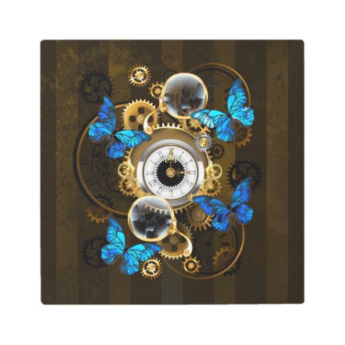 Steampunk Gears and Blue Butterflies Metal Print