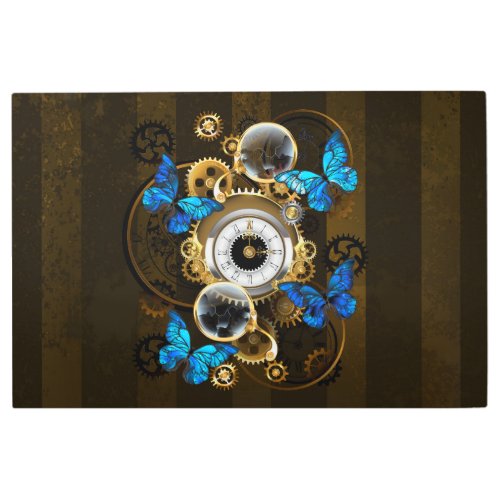Steampunk Gears and Blue Butterflies Metal Print