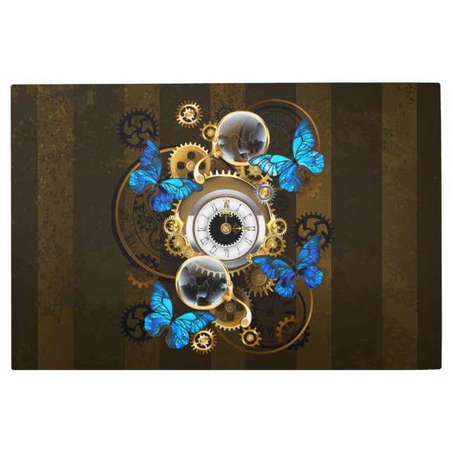 Steampunk Gears and Blue Butterflies Metal Print (Front)