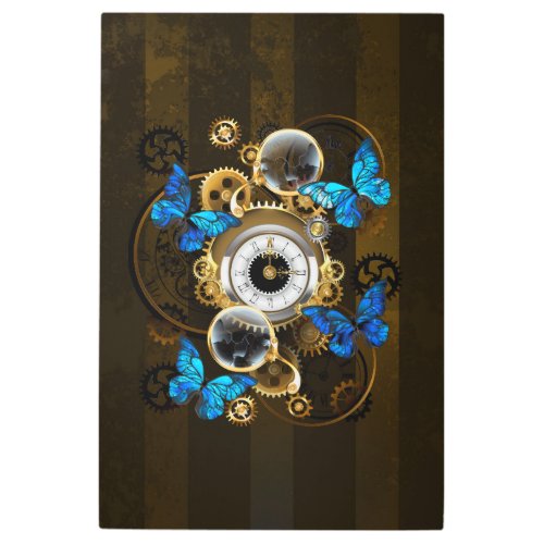 Steampunk Gears and Blue Butterflies Metal Print