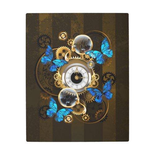 Steampunk Gears and Blue Butterflies Metal Print