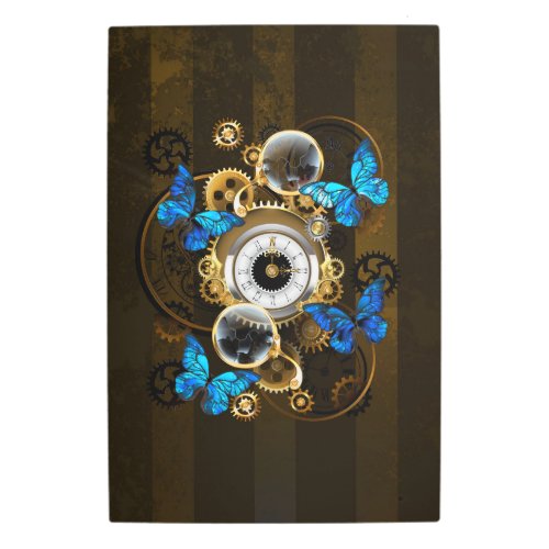 Steampunk Gears and Blue Butterflies Metal Print