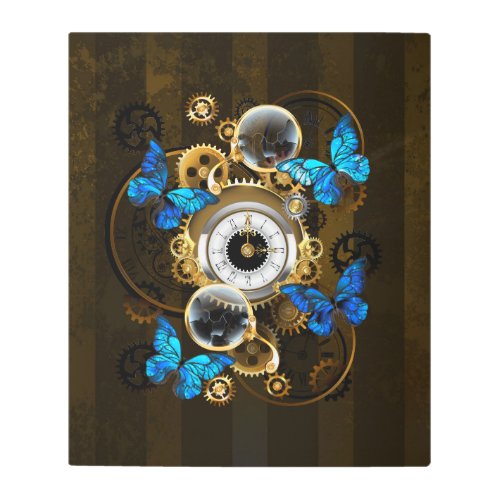Steampunk Gears and Blue Butterflies Metal Print