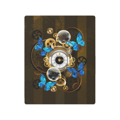 Steampunk Gears and Blue Butterflies Metal Print