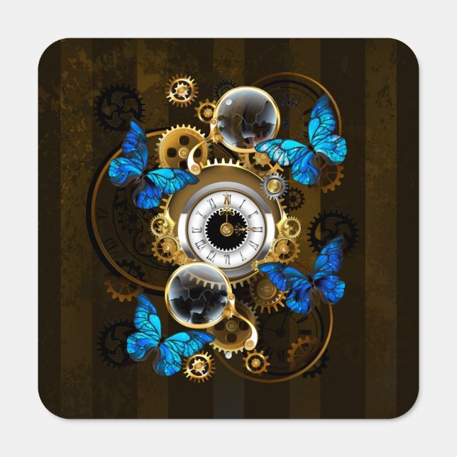 Steampunk Gears and Blue Butterflies Metal Sign (Front)