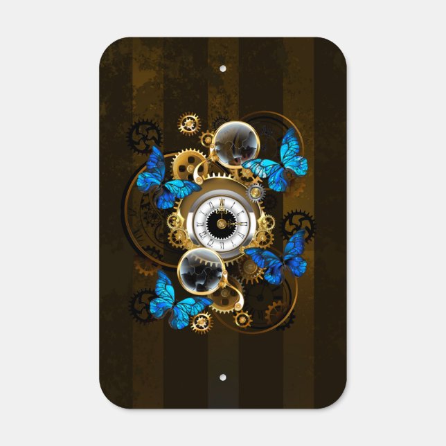 Steampunk Gears and Blue Butterflies Metal Sign (Front)