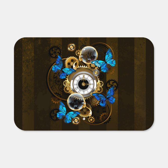 Steampunk Gears and Blue Butterflies Metal Sign (Front)