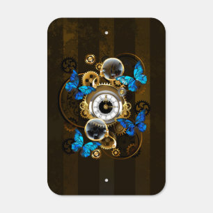 Steampunk Gears and Blue Butterflies Metal Sign