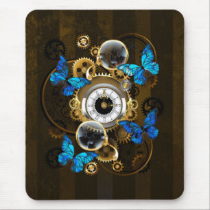 Steampunk Gears and Blue Butterflies Mouse Pad