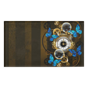 Steampunk Gears and Blue Butterflies Name Tag