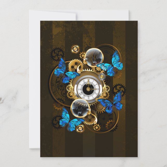 Steampunk Gears and Blue Butterflies Note Card (Front)