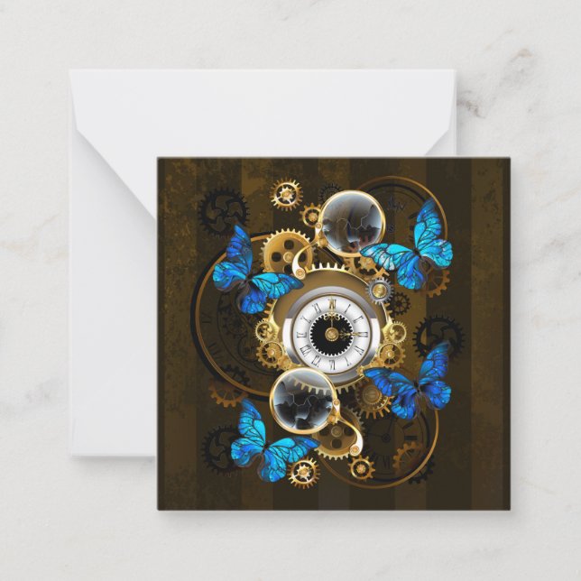 Steampunk Gears and Blue Butterflies Note Card (Front)