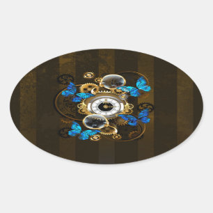 Steampunk Gears and Blue Butterflies Oval Sticker