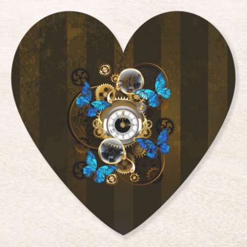 Steampunk Gears and Blue Butterflies Paper Coaster