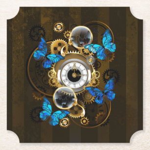 Steampunk Gears and Blue Butterflies Paper Coaster