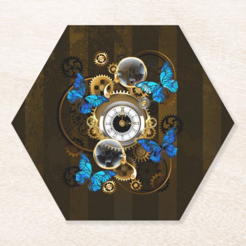 Steampunk Gears and Blue Butterflies Paper Coaster