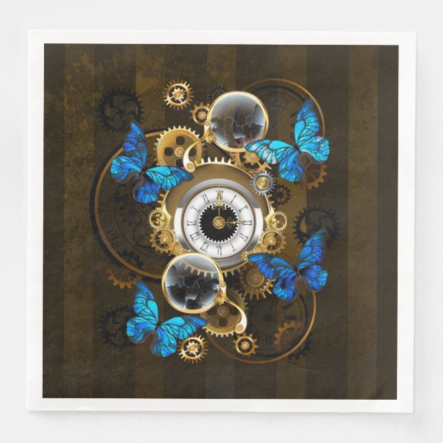 Steampunk Gears and Blue Butterflies Paper Dinner Napkins (Front)