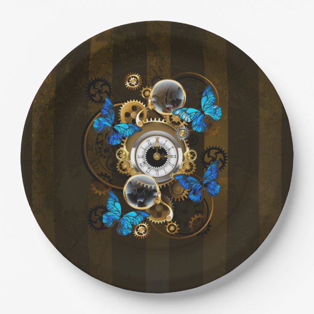 Steampunk Gears and Blue Butterflies Paper Plates (Front)