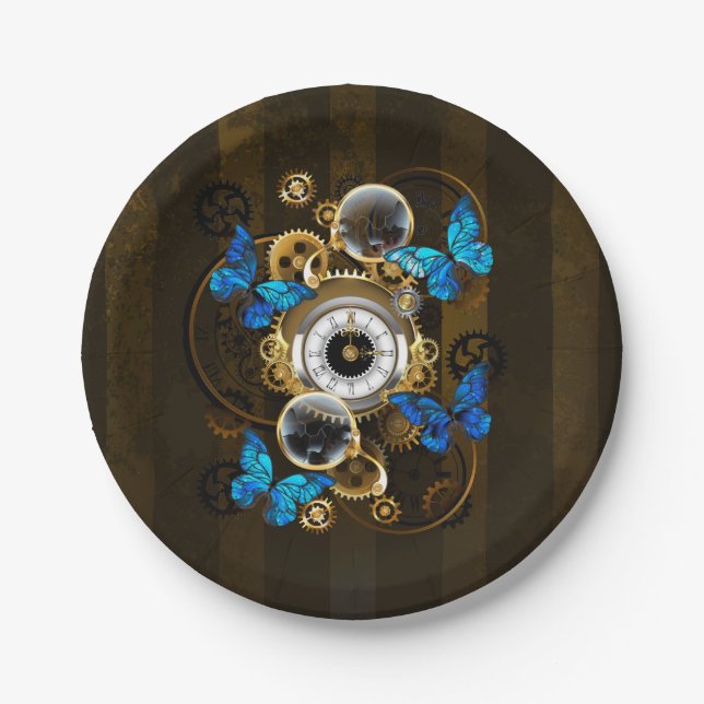 Steampunk Gears and Blue Butterflies Paper Plates (Front)