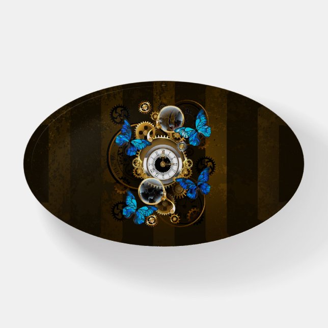 Steampunk Gears and Blue Butterflies Paperweight (Front)