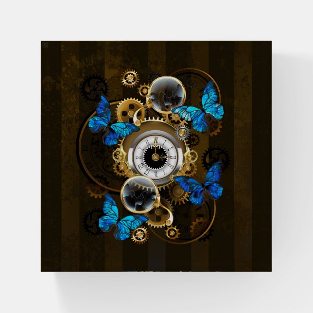 Steampunk Gears and Blue Butterflies Paperweight (Front)