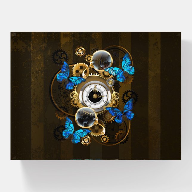 Steampunk Gears and Blue Butterflies Paperweight (Front)