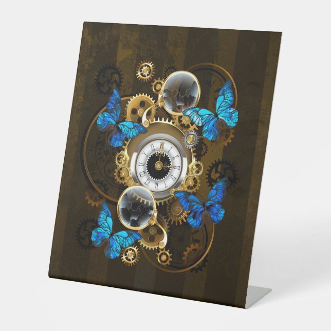 Steampunk Gears and Blue Butterflies Pedestal Sign (Front)