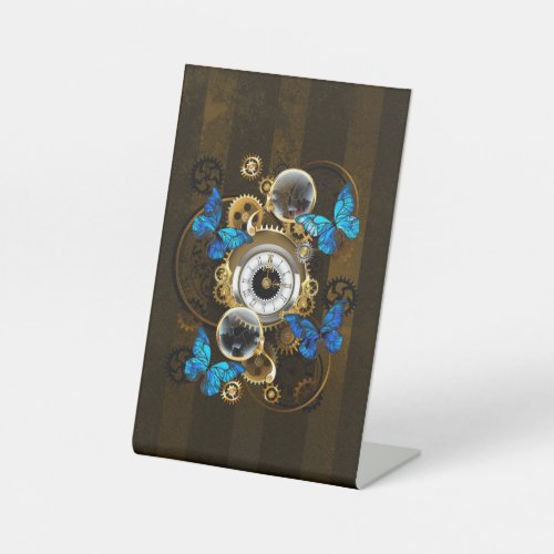 Steampunk Gears and Blue Butterflies Pedestal Sign