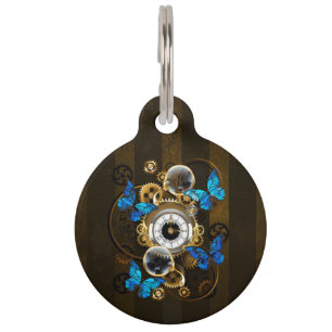 Steampunk Gears and Blue Butterflies Pet ID Tag