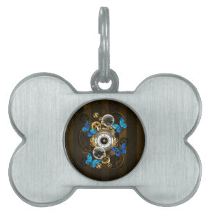 Steampunk Gears and Blue Butterflies Pet ID Tag