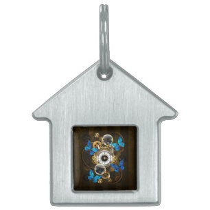 Steampunk Gears and Blue Butterflies Pet ID Tag