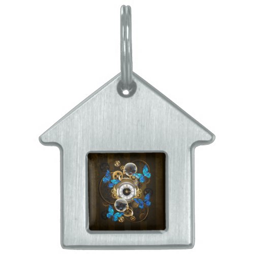Steampunk Gears and Blue Butterflies Pet ID Tag