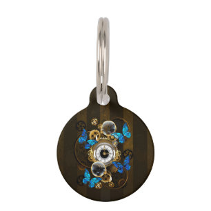 Steampunk Gears and Blue Butterflies Pet ID Tag