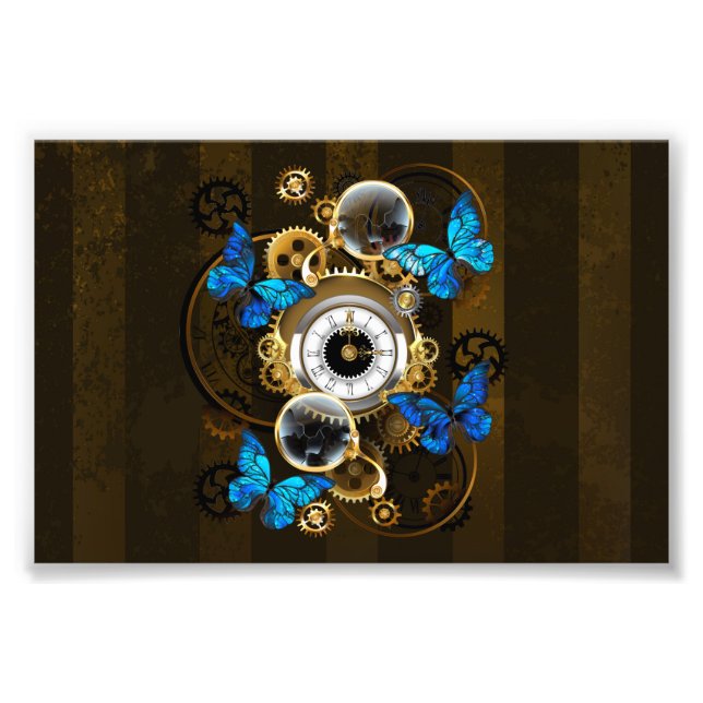 Steampunk Gears and Blue Butterflies Photo Print (Front)