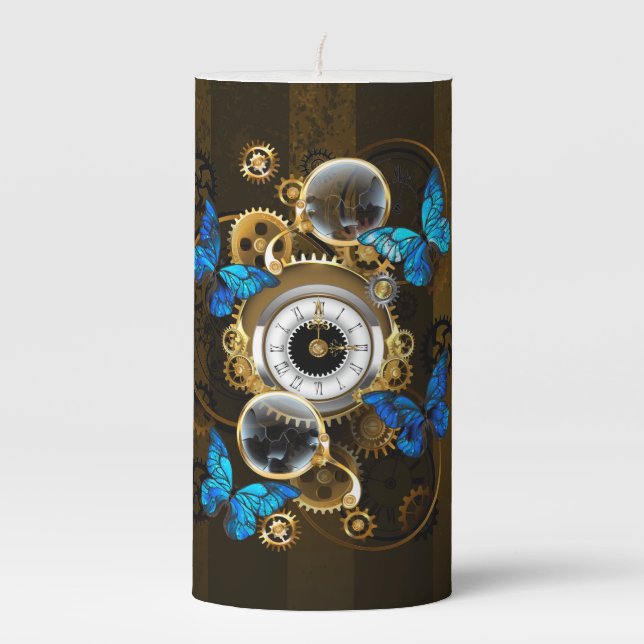 Steampunk Gears and Blue Butterflies Pillar Candle (Front)