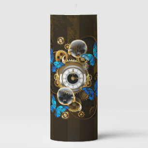 Steampunk Gears and Blue Butterflies Pillar Candle