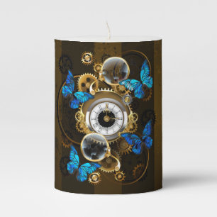 Steampunk Gears and Blue Butterflies Pillar Candle