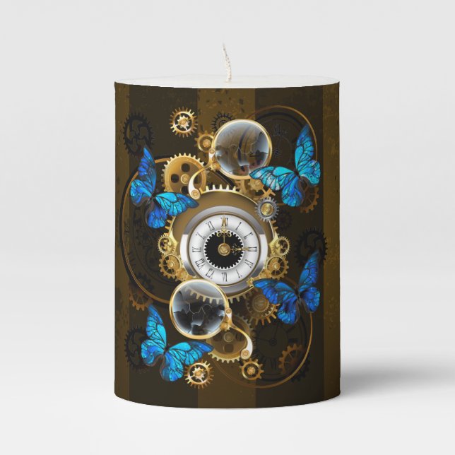 Steampunk Gears and Blue Butterflies Pillar Candle (Front)