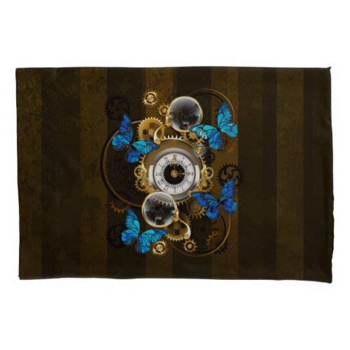Steampunk Gears and Blue Butterflies Pillow Case