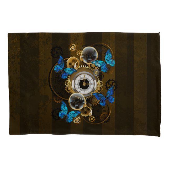 Steampunk Gears and Blue Butterflies Pillow Case (Front)