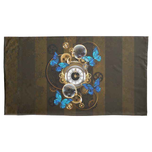 Steampunk Gears and Blue Butterflies Pillow Case (Front-Left)